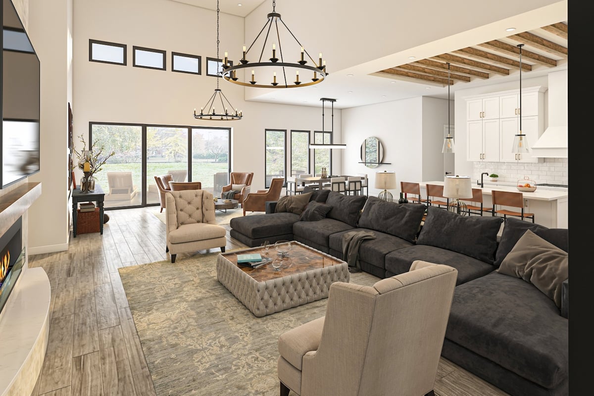A remodeled great room and living space with architectural framing and premium finishes